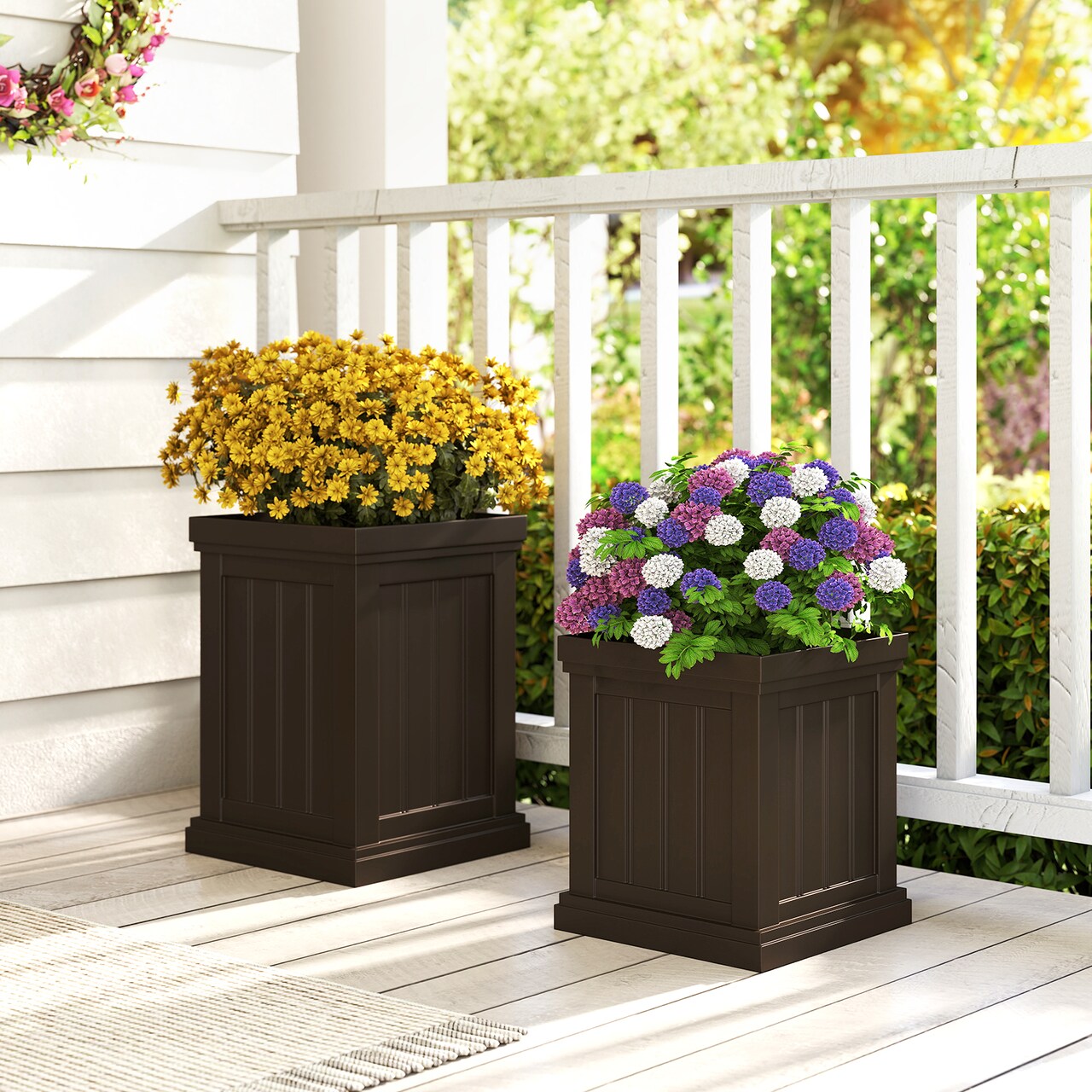 Square Plastic Planters Set of 2 Small Flower Pots with Drainage Holes and Nesting Design-Brown